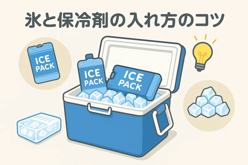 クーラーボックスに氷と保冷剤を効果的に入れる方法を解説したイラスト図
