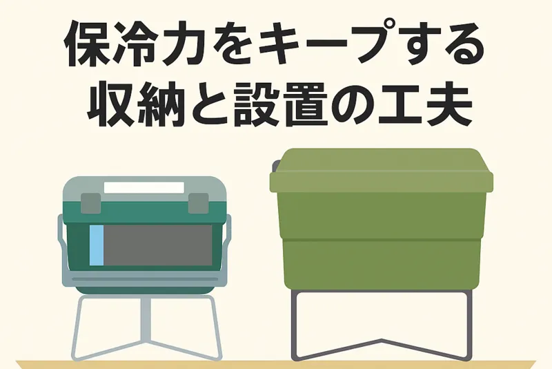クーラーボックスをクーラースタンドに設置して地熱を遮断している様子のイラスト
