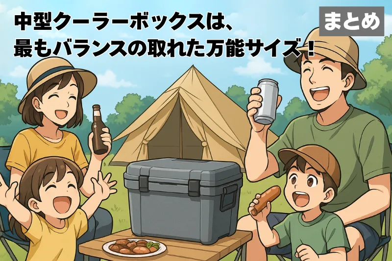 家族でキャンプを楽しむ中、中型クーラーボックスが活躍しているアニメ風イラスト