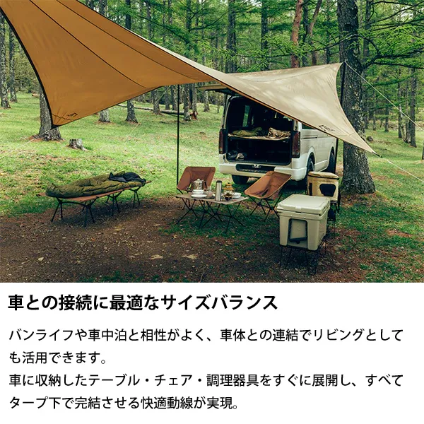 サバティカル「シューティングスター」をキャンプ場で設営しているシーン。車と2人分のイスと机が並んでいる