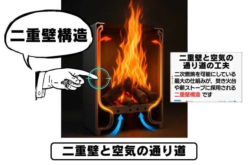 焚き火台の断面を示した二重壁構造の図解。下部から青色の冷たい空気が取り込まれ、壁の間を通るうちにオレンジから赤へと変化し、上部の小さな穴から炎の中に噴き出して二次燃焼を起こす様子を矢印で表現。