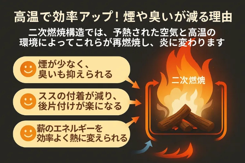 二次燃焼によって高温で燃焼効率が高まり、煙や臭いが大幅に減少する仕組みを示すイラスト。薪の一次燃焼で発生した煙が、熱せられた二次空気と混ざり再燃焼する様子を矢印と炎で表現。