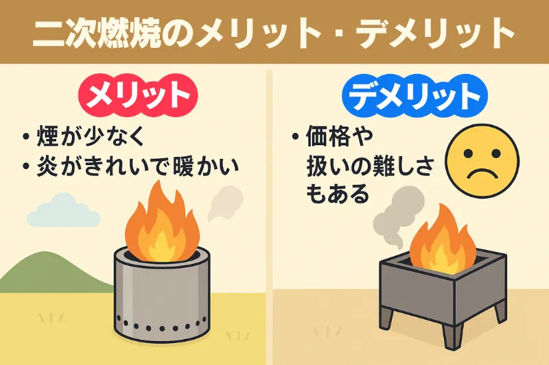 二次燃焼のメリット・デメリットを比較した解説イラスト。左側は煙が少なく炎が美しい焚き火シーン、右側は価格や扱いの難しさに悩むキャンパーを描写。