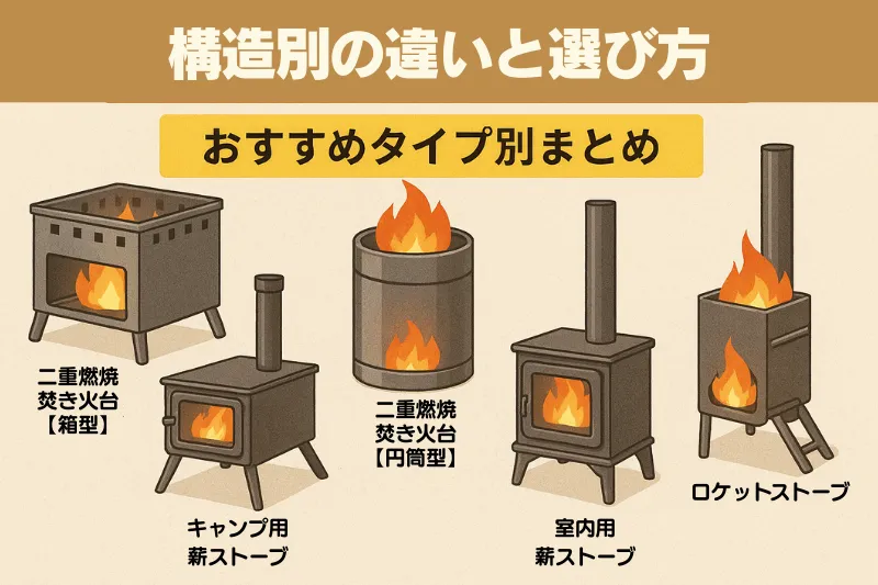 二次燃焼ストーブの構造別タイプを比較したイラスト。箱型・円筒型の二重燃焼焚き火台、キャンプ用薪ストーブ、室内用薪ストーブ、ロケットストーブを一覧で紹介。