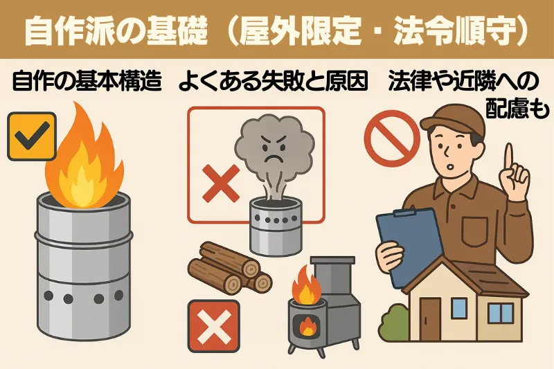 二次燃焼ストーブを自作する基礎をまとめた解説イラスト。基本構造、よくある失敗と原因、法律や近隣への配慮を親しみやすく表現。