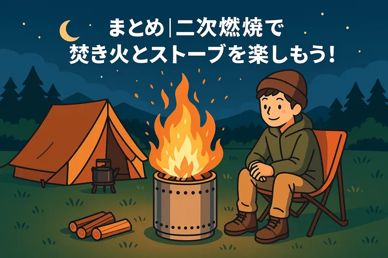 二重壁構造の焚き火台を囲み、夜のキャンプサイトで炎を楽しむキャンパーを描いたイラスト。記事まとめ用のアイキャッチ。