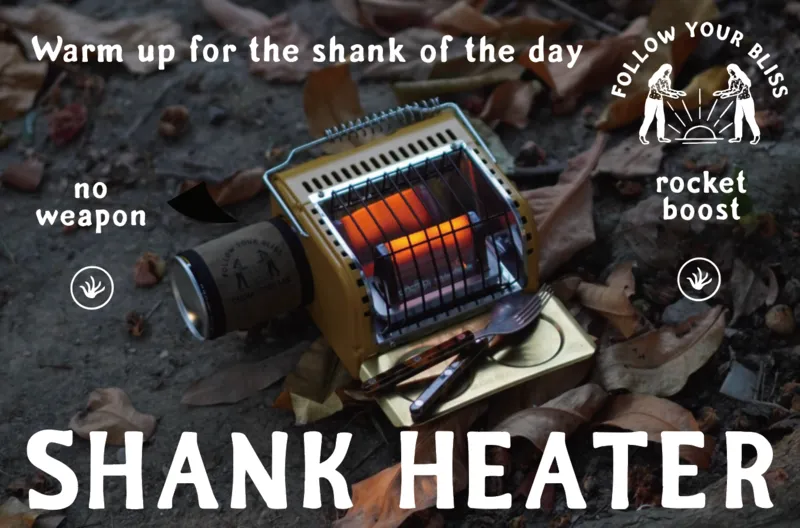 公式サイトのシャンクヒーター使用シーン。タイトル文字入りでアウトドア利用の様子が伝わる。