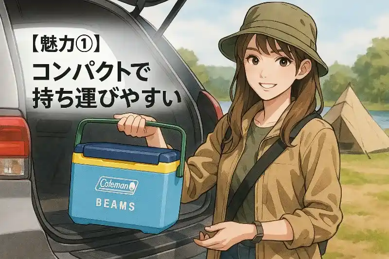 キャンプ場で若い女性が小型でかわいいクーラーボックスを車のバッグドアから持ち出しているアニメ風イラスト。「【魅力①】コンパクトで持ち運びやすい」の文字入り