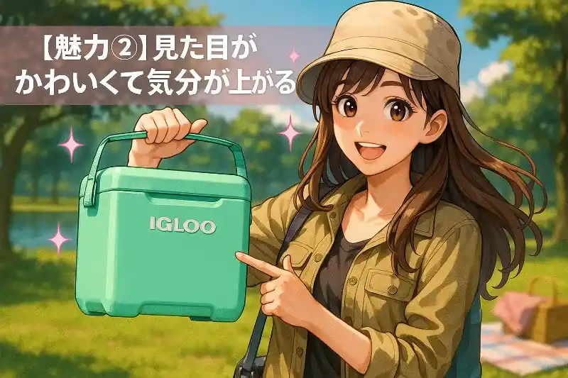 公園で若い女性が小型でかわいいクーラーボックスを指さしてテンションが上がっている様子のアニメ風イラスト。「【魅力②】見た目がかわいくて気分が上がる」の文字入り