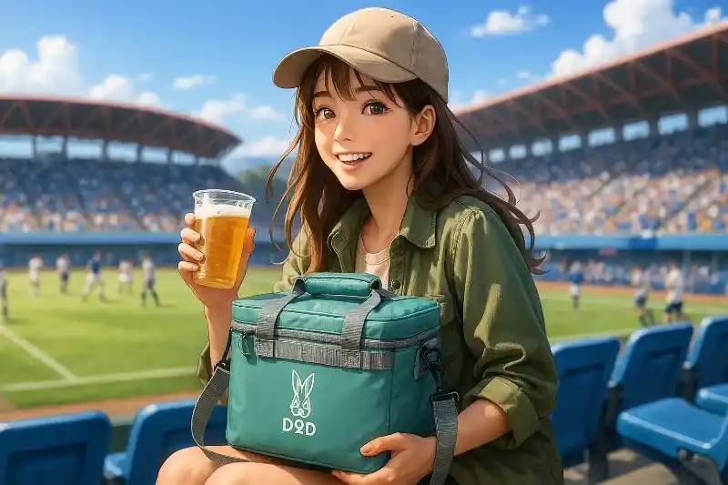 スポーツ観戦のスタジアム前で、若い女性のソロキャンパーがDODの小型クーラーボックスを膝の上に抱えて楽しそうスポーツ観戦している様子を描いた、高繊細なリアルなアニメ調イラスト。