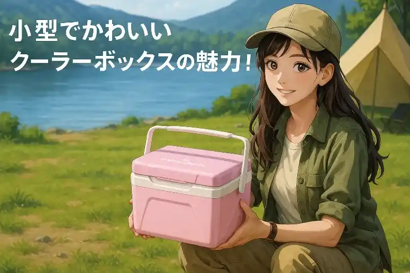 キャンプ場で若い女性が小型でかわいいクーラーボックスを持っているアニメ風イラスト。「小型でかわいいクーラーボックスの魅力!」の文字入り。