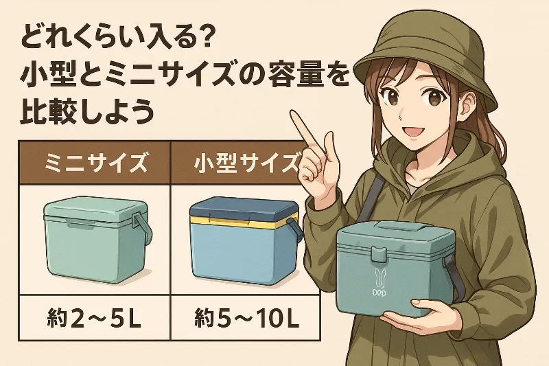 若い女性がミニサイズと小型サイズのクーラーボックスの容量を説明しているアニメ風イラスト。「どれくらい入る?小型とミニサイズの容量を比較しよう」の文字入り。