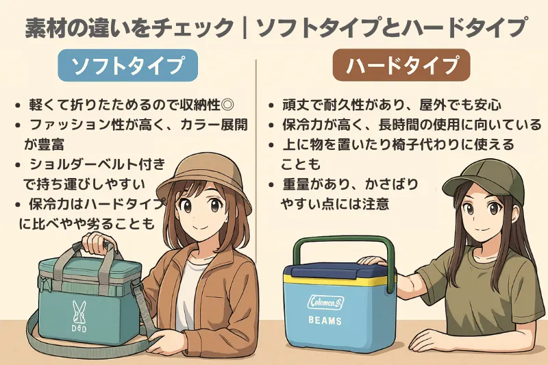キャンプ場で若い女性がミニサイズと小型サイズのクーラーボックスの素材の違いを説明しているアニメ風イラスト。「素材の違いをチェック|ソフトタイプとハードタイプ」の文字入り。