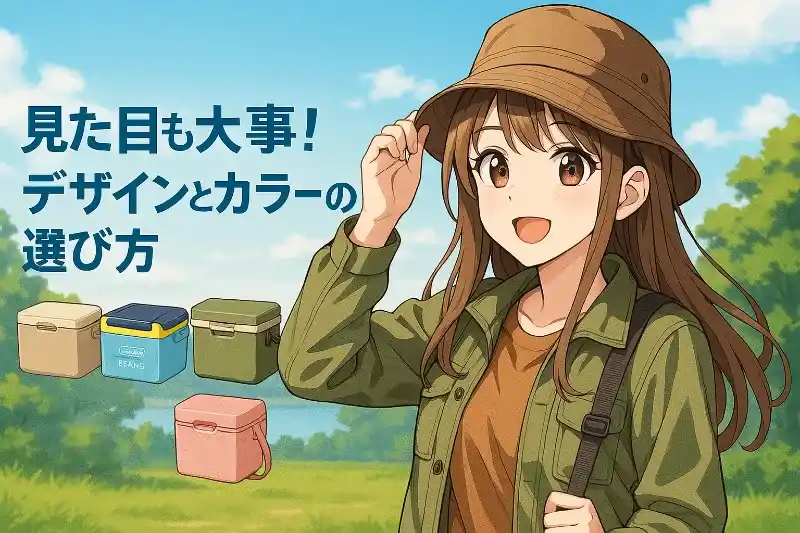 若い女性のソロキャンパーが、カラフルでおしゃれなクーラーボックスを見比べながら楽しそうに選んでいる様子を描いた高繊細なアニメ調イラスト。「見た目も大事!デザインとカラーの選び方」の文字入り。