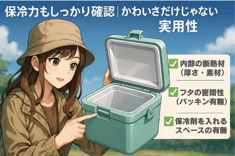 キャンプ場で若い女性がミニサイズと小型サイズのクーラーボックスの保温力のポイントを説明しているアニメ風イラスト。「保冷力もしっかり確認|かわいさだけじゃない実用性」の文字入り。