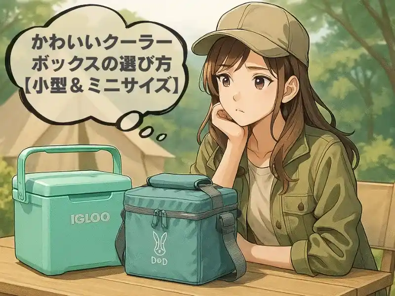 キャンプ場で若い女性がハードタイプとソフトタイプの小型かわいいクーラーボックスを前に迷っているアニメ風イラスト。「かわいいクーラーボックスの選び方【小型&ミニサイズ】」の文字入り。