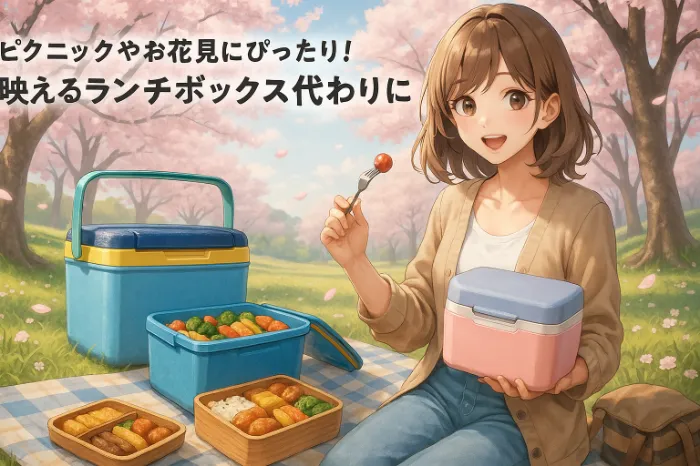 公園でピクニックを楽しむ女性が、かわいいクーラーボックスをランチボックス代わりに使用している様子を描いた、リアルなアニメ風イラスト