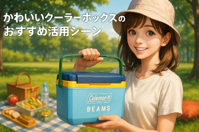 リアルなアニメタッチで描かれた女性キャンパーが、かわいいクーラーボックスを活用してピクニックを楽しんでいる様子。背景には自然豊かな公園や草原が広がり、小型クーラーボックスの実用的でおしゃれな使い方を表現している。