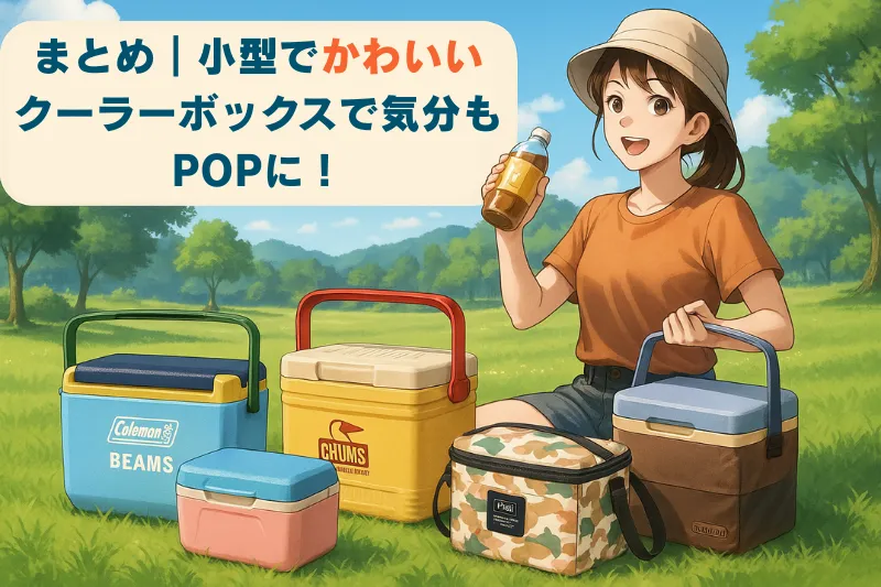 小型でカラフルなクーラーボックスを持った若い女性が、夏のアウトドアを楽しんでいるアニメ風イラスト。背景には緑の草原と青空が広がり、ポップで楽しい雰囲気を演出している。
「まとめ|小型でかわいいクーラーボックスで気分もPOPに!」の文字入り。
