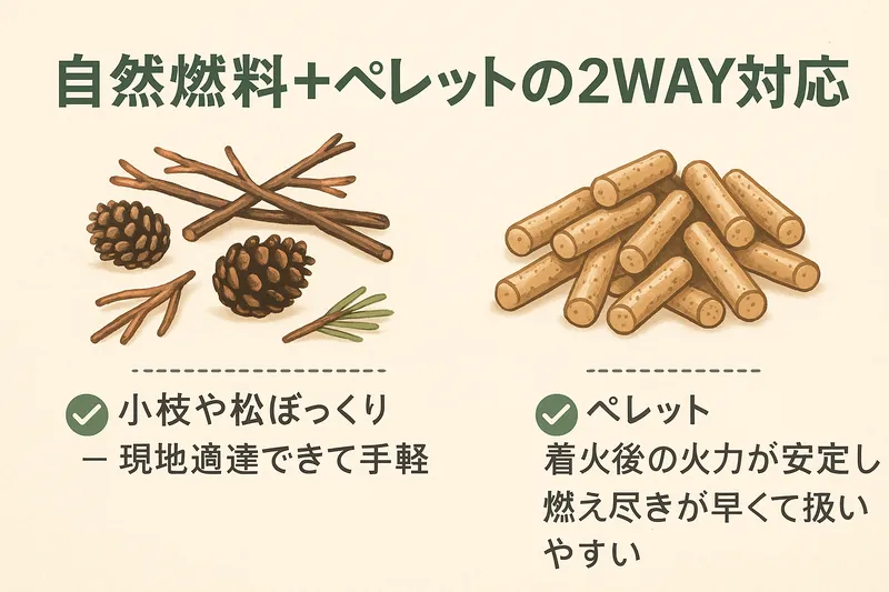 自然燃料とペレットの2WAY対応を説明するソロストーブ メサの比較イラスト