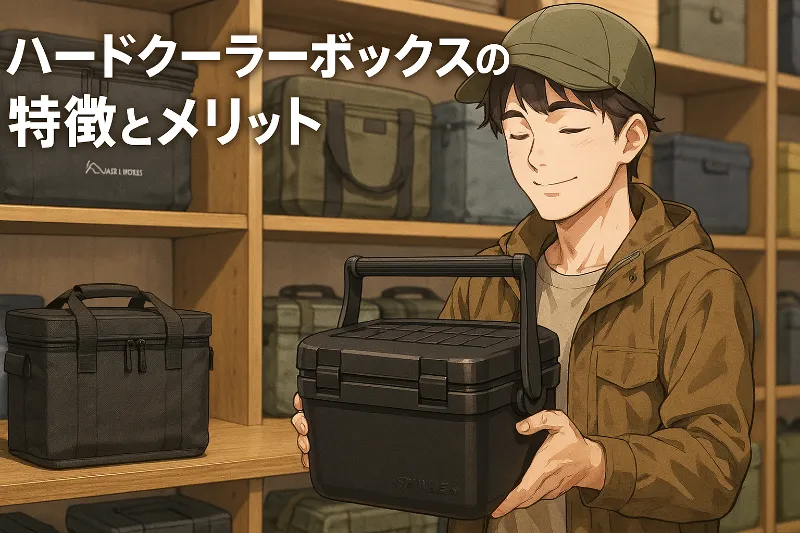 キャンプ用品店で、小型ハードクーラーボックスを手に取り満足そうにする若い男性キャンパー。