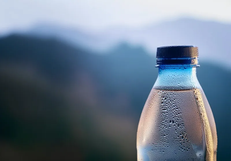 山を背景に冷えたペットボトルが写っている