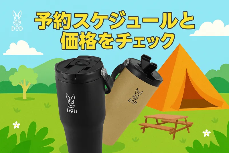 『予約スケジュールと価格をチェック』というテキストが目立つDOD公式風イラスト。キャンプ場背景に黒とタンのタンブラーが描かれている。