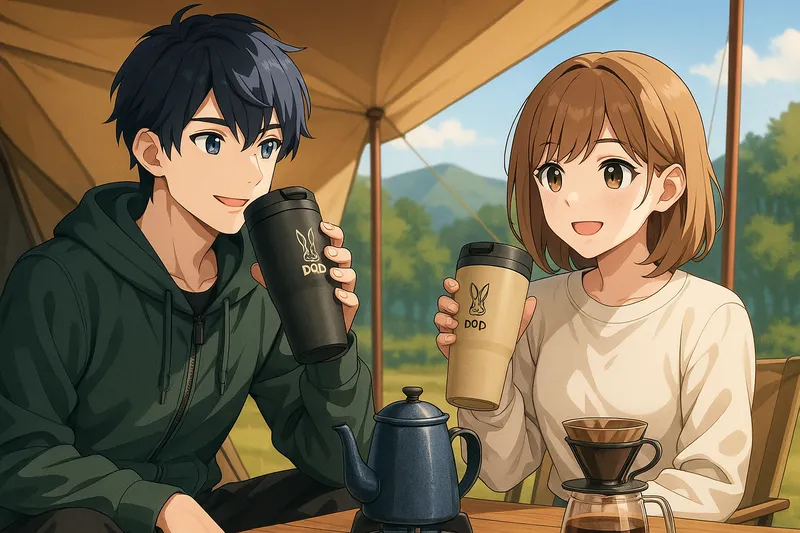 DOD『トッテモ・ウサーモ』で朝のコーヒーを楽しんでいるデュオキャンパーを表現したアニメ調イラスト。