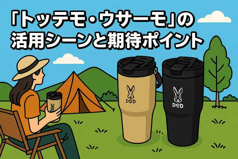 DOD『トッテモ・ウサーモ』のタンとブラックの2色のマグがキャンプ場に並ぶイラスト。左には帽子をかぶった女性キャンパーがチェアに座ってタンブラーを手にしており、背景にはテントと緑の丘が広がる。