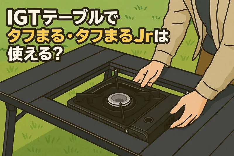 IGTテーブルにタフまるJrをビルトインする様子を描いたアニメ風イラスト。キャンプでの互換性確認をイメージ