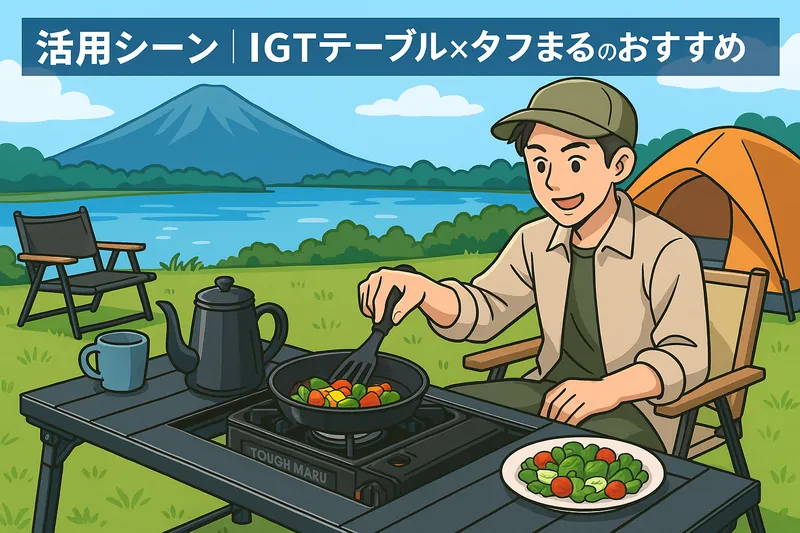 湖畔のキャンプ場でIGTテーブルとタフまるを組み合わせて調理しているシーンのイラスト。快適なアウトドア調理空間を表現