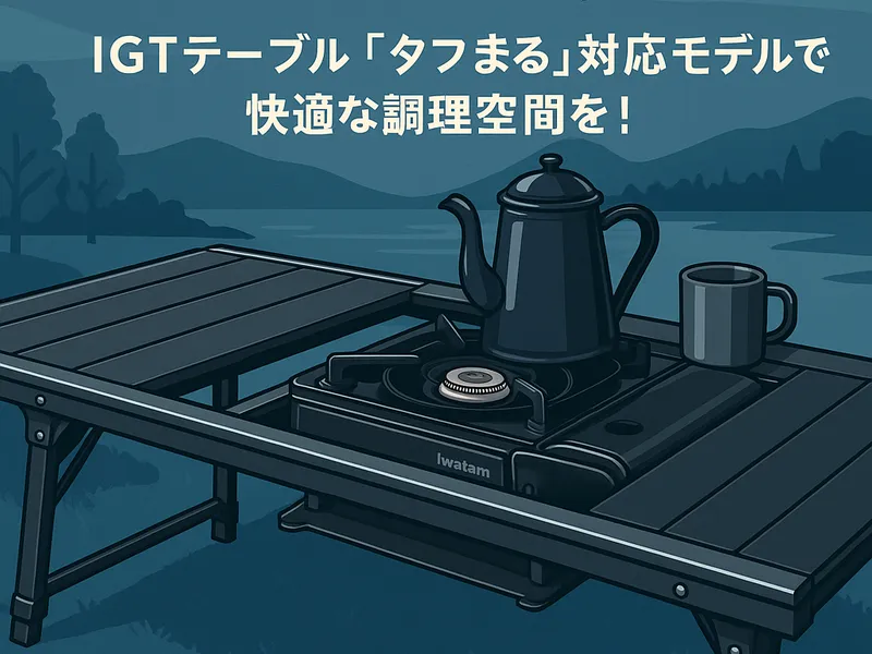 湖畔の夜キャンプシーンで、IGTテーブルにイワタニ「タフまる」をビルトインしている様子。「まとめ｜IGTテーブル「タフまる」対応モデルで快適な調理空間を！」の文字入りイラスト。