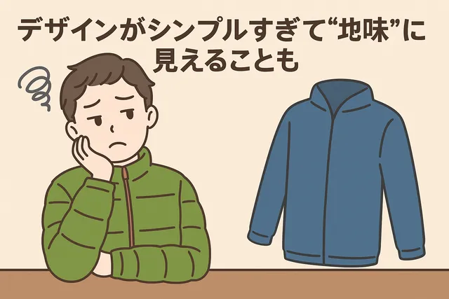 デザインがシンプルすぎて“地味”に見えることを悩んでいる男性が、モンベル製品を思い浮かべて迷っている様子を描いたイラスト。実用性とデザイン性のギャップに悩む様子を表現。