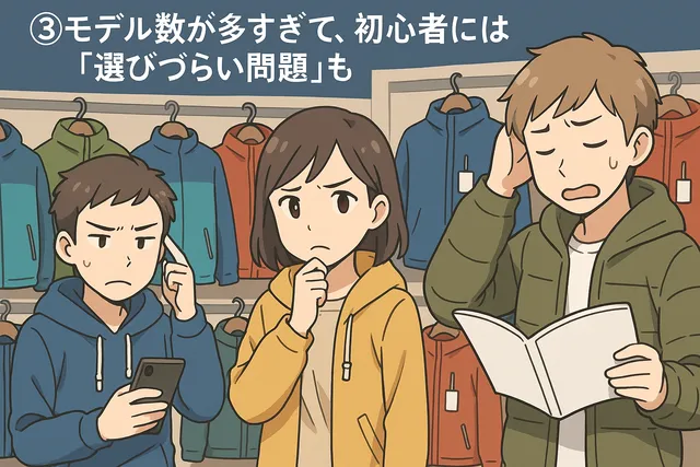 モデル数が多すぎて、どれを選べばよいかと迷っている三人組。モンベル製品の多彩なラインナップに囲まれ、どのアイテムを選ぶべきか悩んでいる様子を描いたイラスト。