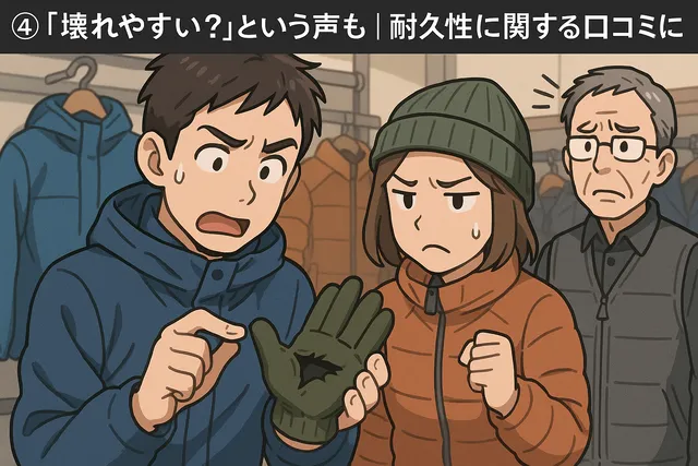 モンベルの手袋を買ってすぐに破けたことに驚く男女二人組。男性が手袋の破れた箇所を指差し、女性が険しい表情でそれを見ている様子を描いたイラスト。