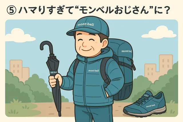 「ハマりすぎて“モンベルおじさん”に?」の文字が上に表示され、モンベルのキャップ、アウター、バックパック、靴、傘を全身に装備した男性が立つ様子を描いたイラスト。