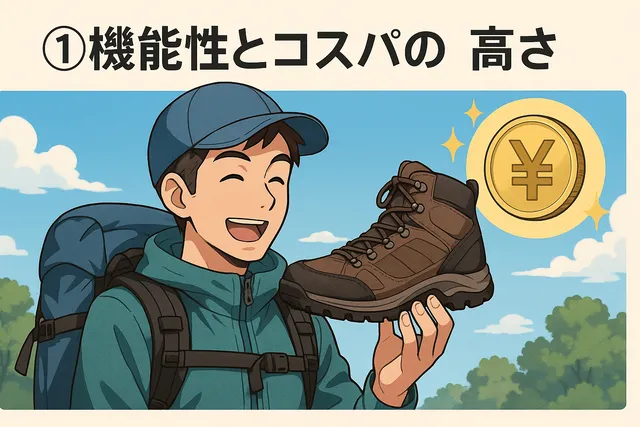「①機能性とコスパの高さ」の文字が上部に表示され、登山中の男性が新しく購入した登山靴を抱え、コスパの良さに喜んでいる様子を描いたイラスト。実用性と価格のバランスに満足している表情が印象的。