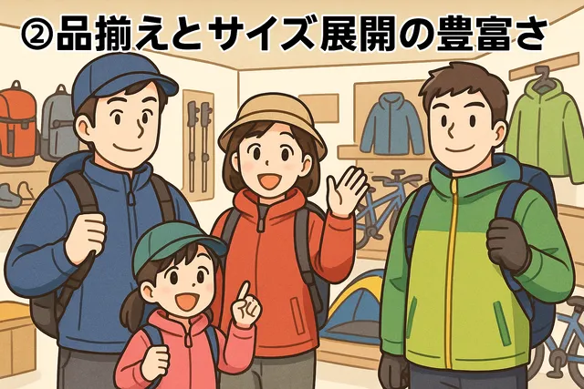 「②品揃えとサイズ展開の豊富さ」の文字が上部に表示され、モンベルの店舗内で家族全員がモンベルのウェアを着用し、笑顔でショッピングを楽しんでいる様子を描いたイラスト。