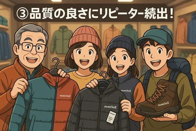 「③品質の良さにリピーター続出!」の文字が上部に表示され、モンベルの店舗内でモンベルの製品を手に取り、笑顔で喜んでいる人々を描いたイラスト。製品の品質に満足し、リピーターが多いことを象徴しています。