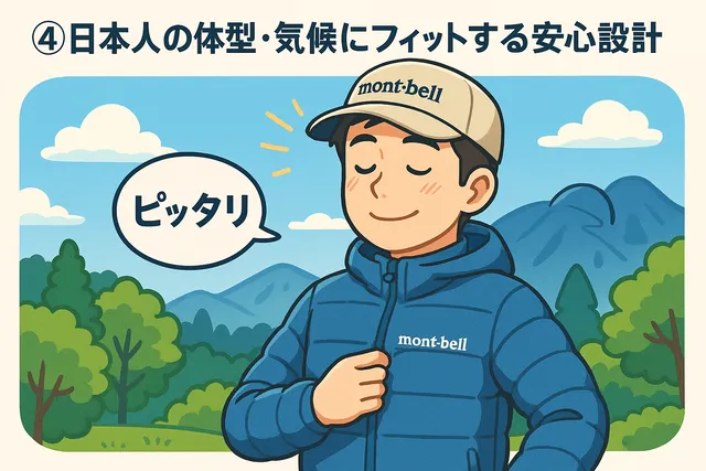 「④日本人の体型・気候にフィットする安心設計」の文字が上部に表示され、山の中で男性がモンベルの製品を身に着け、「自分の体格にピッタリ!」と喜んでいる様子を描いたイラスト。日本人の体型や気候に合わせた設計の安心感を表現しています。