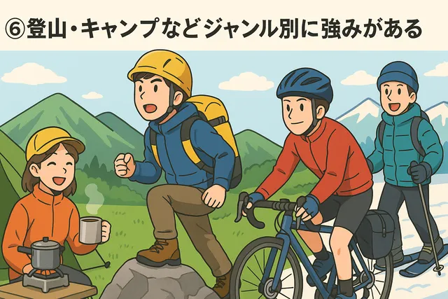 「⑥登山・キャンプなどジャンル別に強みがある」の文字が上部に表示され、キャンプ、登山、サイクリング、雪山登山のシーンが描かれたイラスト。それぞれのアウトドアシーンでモンベル製品が活躍している様子を表現しています。