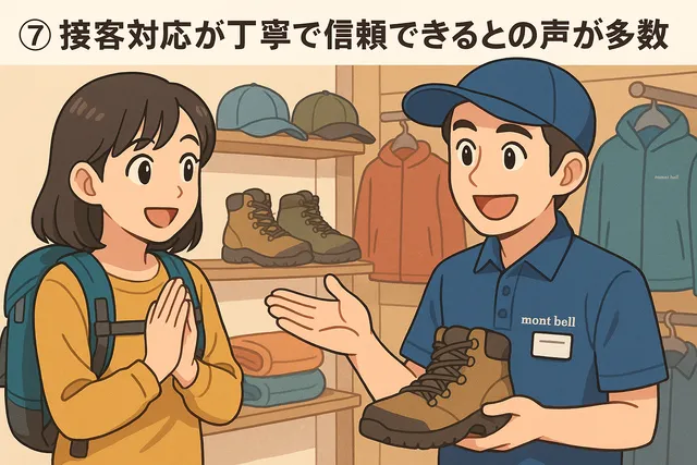 「⑦接客対応が丁寧で信頼できるとの声が多数」の文字が上部に表示され、男性の店員が登山靴の説明をしており、接客を受けている女性の客が手を合わせて喜んでいる様子を描いたイラスト。信頼できる接客で安心して製品を選ぶ様子を表現しています。