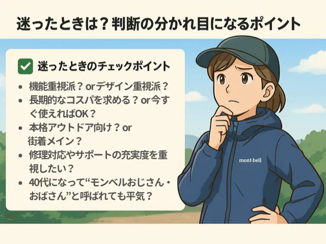 「迷ったときは?判断の分かれ目になるポイント」と書かれた文字の下で、女性がチェックポイントを読みながら悩んでいる様子を描いたイラスト。モンベルを買うべきか迷うユーザーの視覚的な表現。