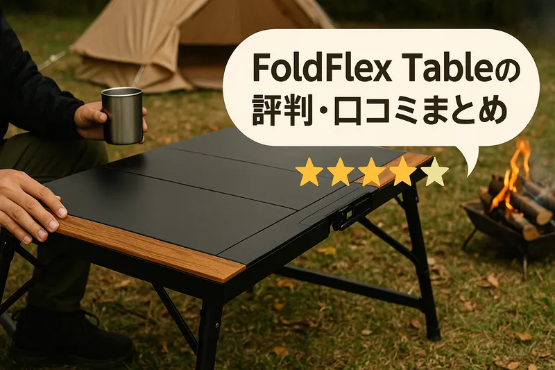 ZENキャンプ(ZEN Camps)の『FoldFlex Table』がキャンプ場で使われており、レビュー評価をイメージしたシーン